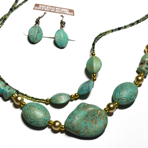 Set of multi layered beaded necklace and earrings -  aqua green and gold - Picture 2 of 5